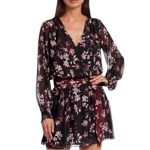 Ramy Brook Black Floral Surplice Long-Sleeve Mini Dress with Maroon Sash